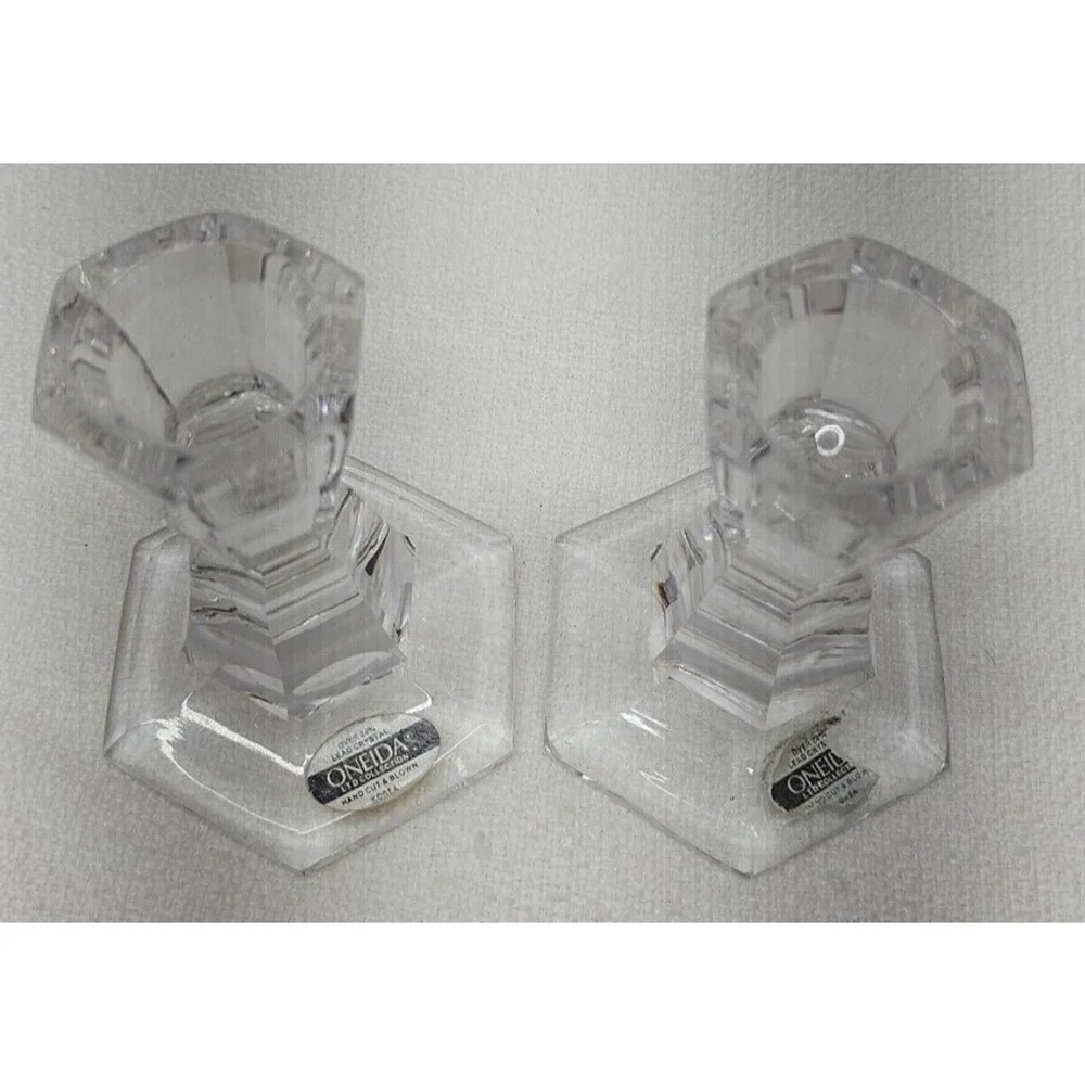 Vintage Rare Oneida Lead Crystal Set 2 Candlesticks Candle Holders - Picture 9 of 12